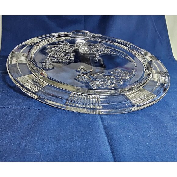 Clear Glass Etched Rose Design Footed Cake Plate Pattern 11.25 ", Vintage - Picture 2 of 5